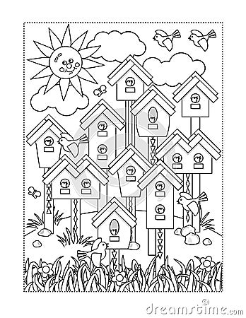 Birds village in spring coloring page Vector Illustration